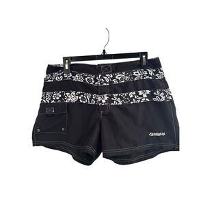 Strand Board Shorts Large Black Floral Hibiscus Tropical Swim Trunks Womens